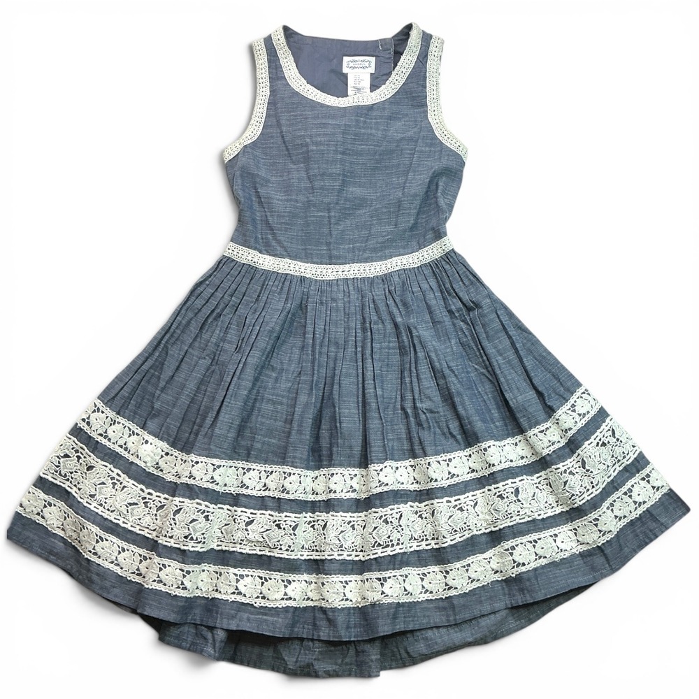 Kaisely Blue Chambray Lace Trim Open Back Dress Kids Size 10 Cottagecore Boho